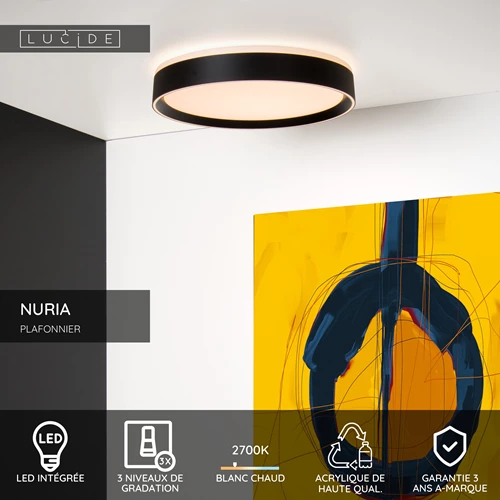 Lucide NURIA - Plafonnier - Ø 30 cm - LED 3 StepDim - 1x18W 2700K - Noir - USP